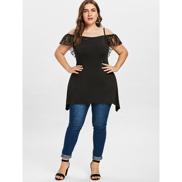 Plus Size Black Lace Fringed Asymmetrical T-shirt - Picture 4 of 8